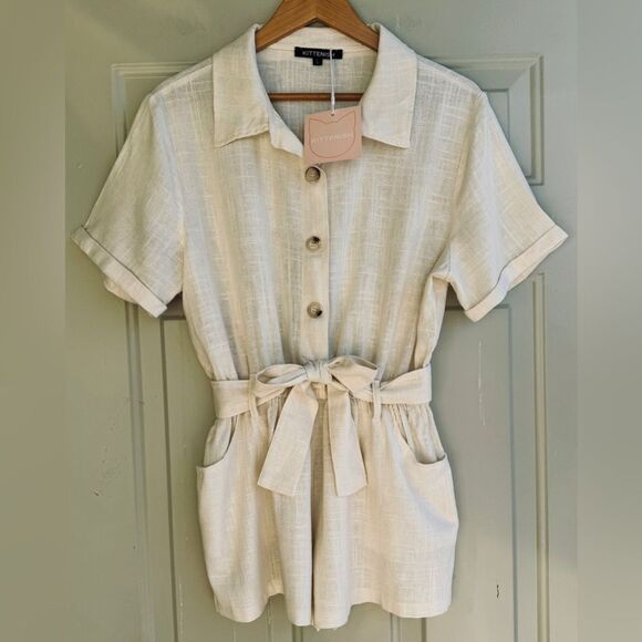 NWT Kittenish Beige Linen Romper Sz L - Picture 1 of 9